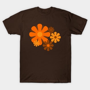 Groovy 70s Vintage Flowers Minimalist Floral Orange & Brown T-Shirt